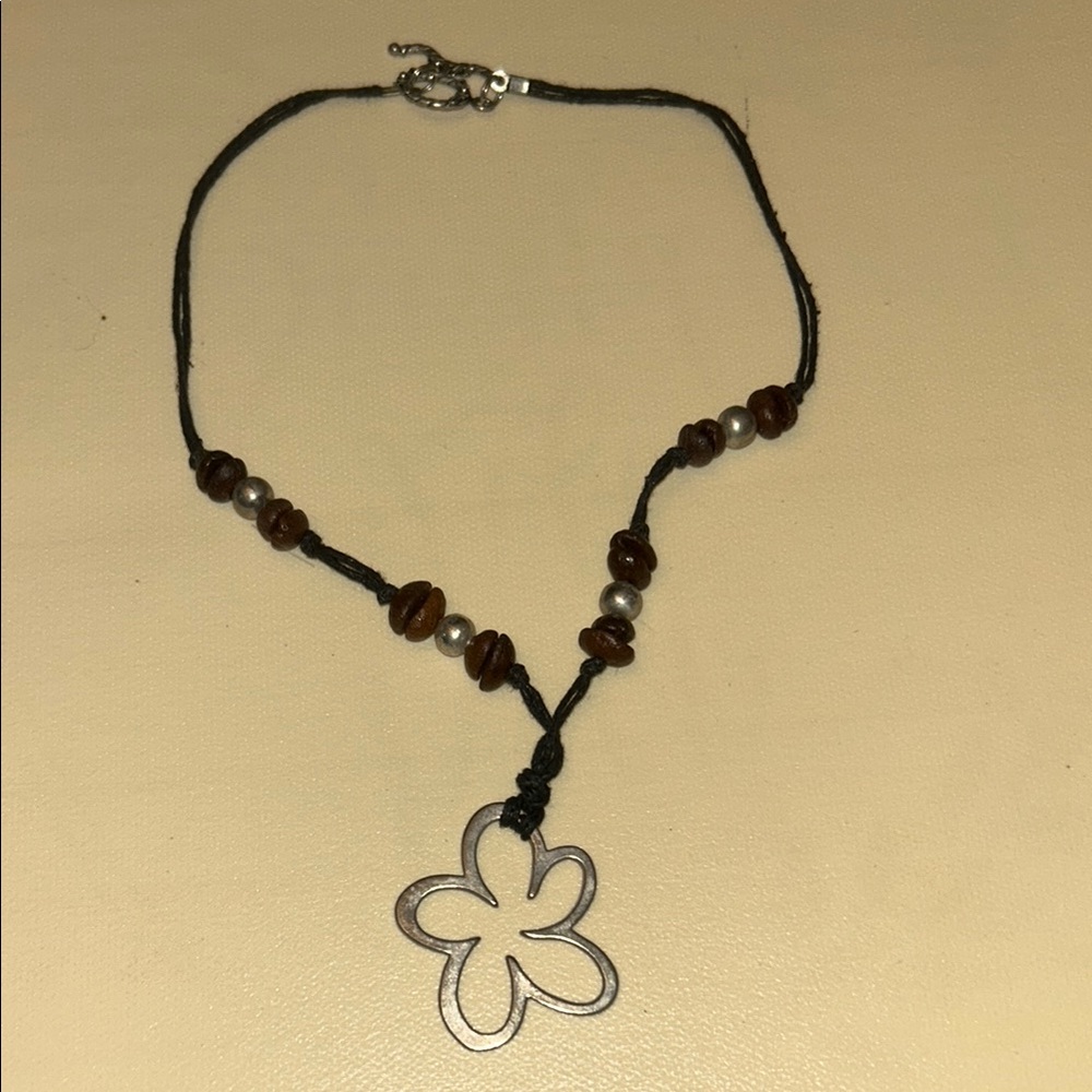 Silver and Brown Flower Pendant Necklace with Beads